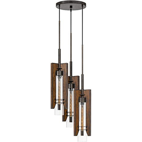 60W X 3 Almeria Wood/Glass 3 Light Pendant Fixture (Edison Bulbs Not included)
