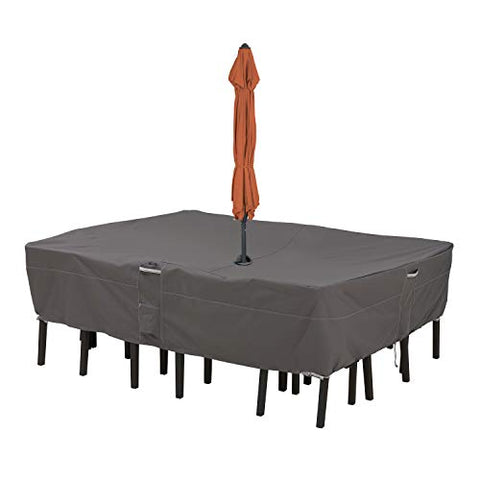 Classic Accessories Ravenna Water-Resistant 108 Inch Rectangular/Oval Patio Table &amp; Chair Set Cover with Umbrella Hole, Outdoor Table Cover