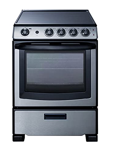 Summit Appliance REX2451SSRT 24&#34; Wide Electric Smooth-Top Range, Ceramic Glass Top, Waist-High Broiler, 4 Cooking Zones, Adjustable Racks, Push-To-Turn Knobs, Stainless Steel Finish