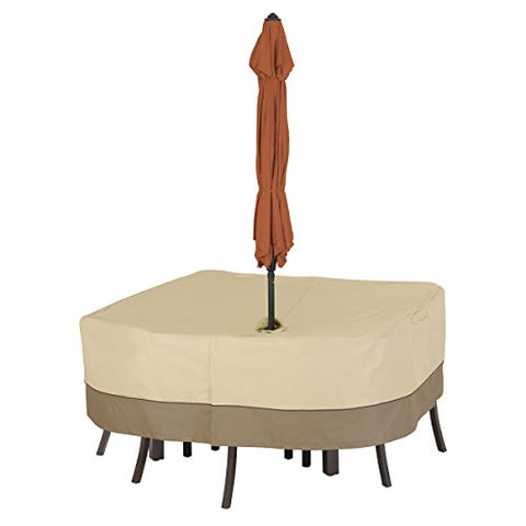 Classic Accessories Veranda Water-Resistant 66 Inch Square Patio Table &amp; Chair Set Cover with Umbrella Hole, Outdoor Table Cover
