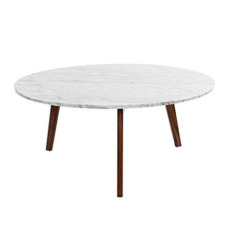 Stella 31 inches Round Italian Carrara White Marble Coffee Table with Walnut Legs