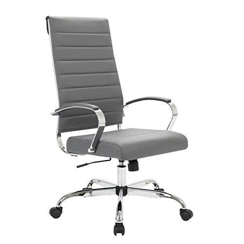 LeisureMod Benmar Modern High-Back Adjustable Swivel Leather Office Chair, Grey