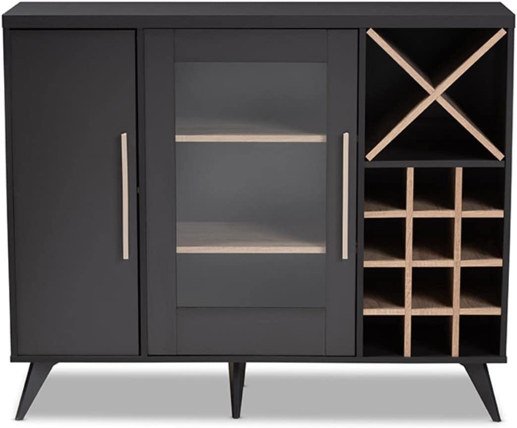 Baxton Studio Pietro Mid-Century Modern Dark Grey and Oak Finished Wine Cabinet