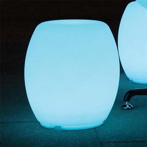 MACAU- LED Illuminated Barrel Stool with 16 color options and 4 color changing modes on the remote. Portable, waterproof, and requires no batteries. Charge lasts approximately 8 hours.