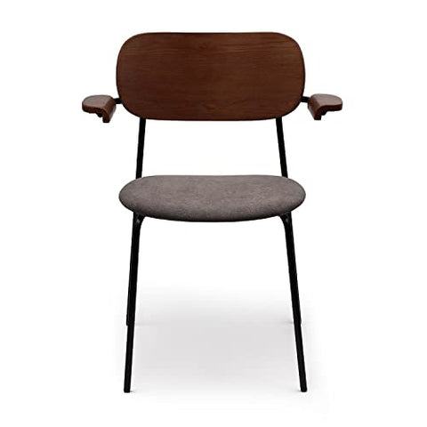 Zleby Modern Kyla Dining Chair Upholstered Seat with Matte Black Metal Legs &amp; Solid Wood Armrests for Kitchen, Living Room and Dining Room - Set of 2, Grey