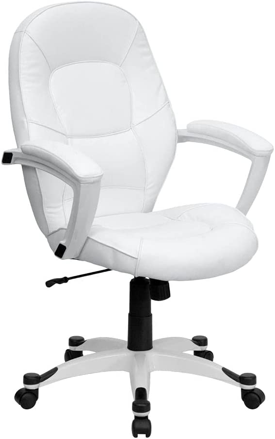 Flash Furniture Mid-Back White LeatherSoft Tapered Back Executive Swivel Office Chair with White Base and Arms