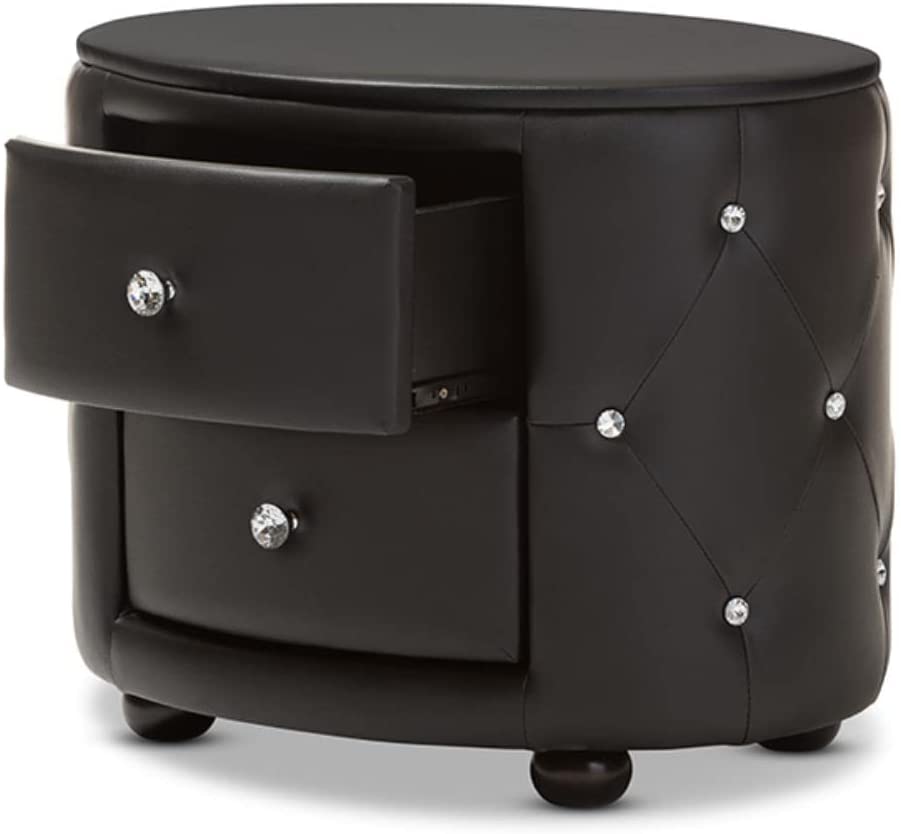 Baxton Studio Davina Hollywood Glamour Style Oval 2-Drawer Faux Leather Upholstered Nightstand, Medium, Black