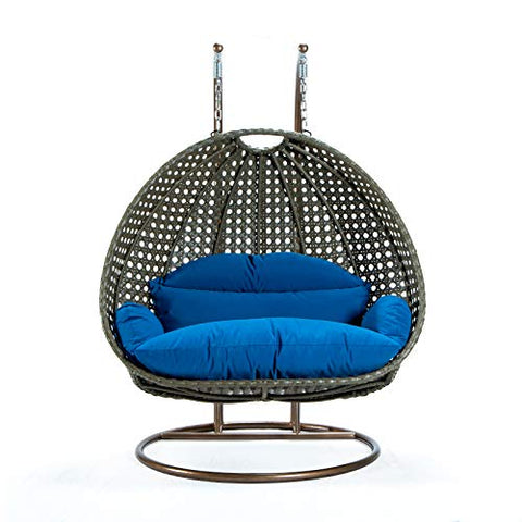 LeisureMod Beige 2 Person Hanging Double Swing Chair, X-Large Wicker Rattan Egg Chair with Stand and Cushion for Indoor Outdoor Patio Garden (Red)