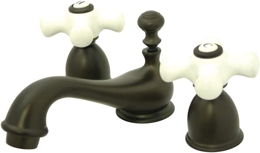 Kingston Brass KS3958PX Restoration Mini Widespread Lavatory Faucet with Porcelain Cross Handle, Satin Nickel, 4-Inch Adjustable Center