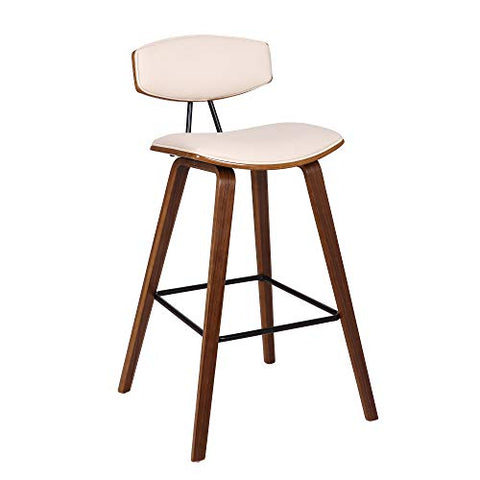 Armen Living Fox 30&#34; Faux Leather Kitchen Barstool in Cream and Walnut Wood
