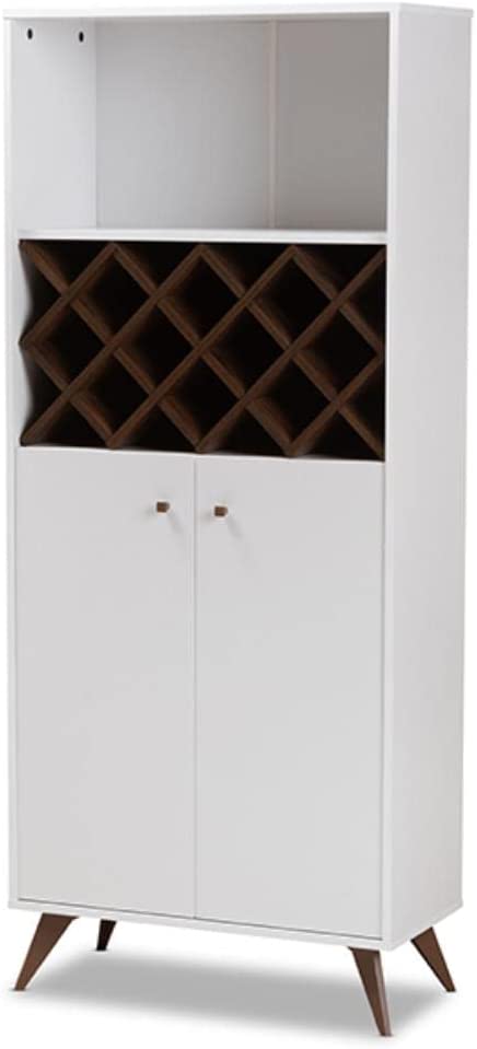 Baxton Studio Serafino Mid-Century Modern White and Walnut Finished Wood Wine Cabinet