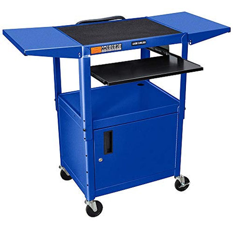 Adjustable-Height Steel AV Cart - Pullout Keyboard Tray Cabinet Drop Leaf - Blue