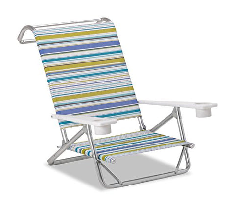 Set of 2 Telescope Casual Original Mini-Sun Chaise Folding Beach Arm Chairs With Marine Grade Polymer Arms With Cup Holders With Coastline Fabric