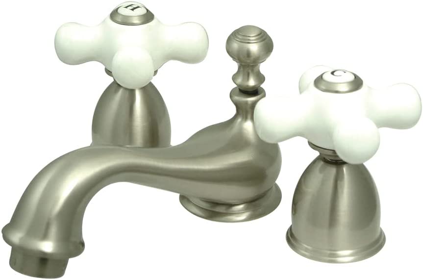 Kingston Brass KS3958PX Restoration Mini Widespread Lavatory Faucet with Porcelain Cross Handle, Satin Nickel, 4-Inch Adjustable Center