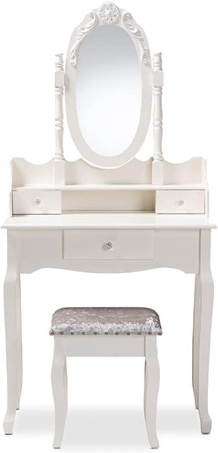 Baxton Studio Veronique Traditional French Provincial White Finished Wood 2-Piece Vanity Table with Mirror and Ottoman