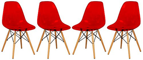 LeisureMod Dover Plastic Molded Dining Side Chair with Wood Dowel Legs, Set of 4 (Transparent Red)