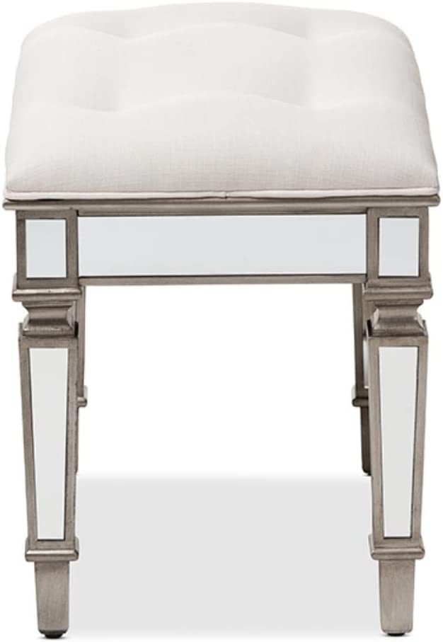 Baxton Studio Marielle Hollywood Regency Glamour Style Off White Fabric Upholstered Mirrored Ottoman Vanity Bench