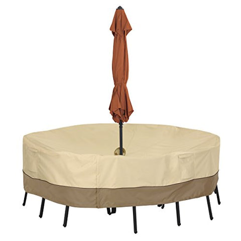 Classic Accessories Veranda Water-Resistant 94 Inch Round Patio Table &amp; Chair Set Cover with Umbrella Hole, Outdoor Table Cover
