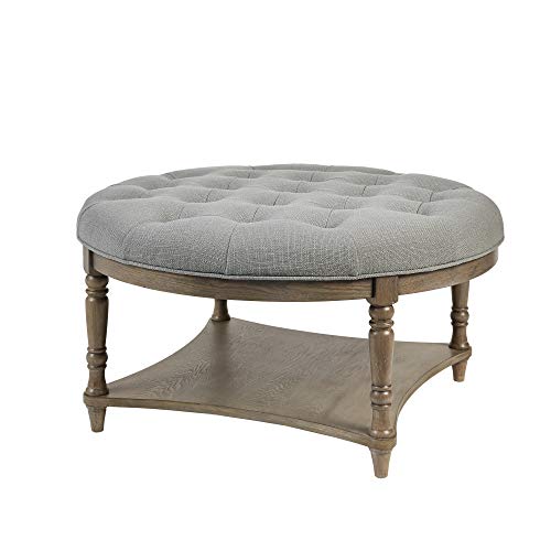 Martha Stewart Cedric Round Coffee Table - Solid Wood Legs,Button Tufted Top Cocktail Ottoman with Lower Shelf,Modern Contemporary Style Accent Footstool Living Room Furniture,36"Diameter x 19"H, Grey