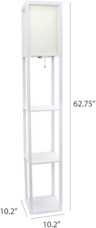 Simple Designs LF1014-WHT Etagere Organizer Storage Shelf Linen Shade Floor Lamp, White