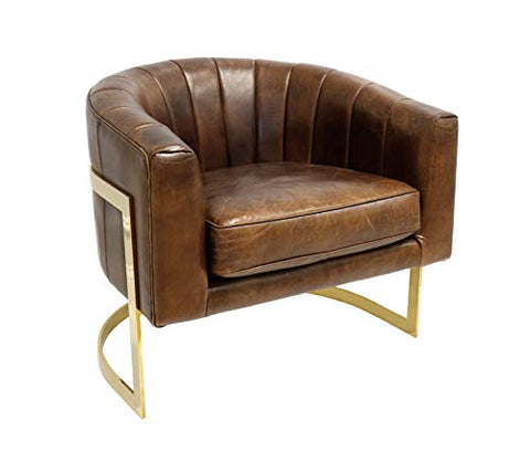 Pasargad Home Vicenza Collection Barrel Chair, Top Grain Leather Upholstered, Backrest Armchair - for Living Room Bedroom, Luxury Room - Armchair, Brown