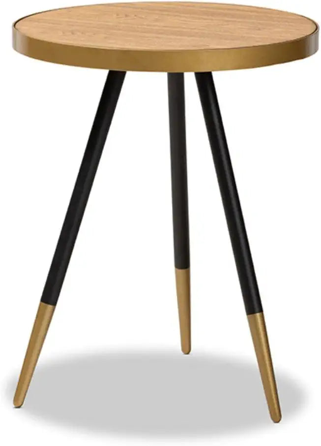 Baxton Studio Lauro Modern and Contemporary Round Walnut Wood and Metal End Table with Two-Tone Black and Gold Legs