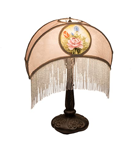 21 inches High Reverse Painted Roses Fabric with Fringe Table Lamp