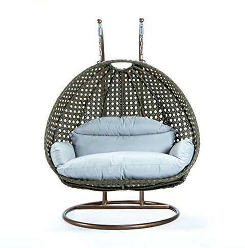 LeisureMod Beige 2 Person Hanging Double Swing Chair, X-Large Wicker Rattan Egg Chair with Stand and Cushion for Indoor Outdoor Patio Garden (Red)