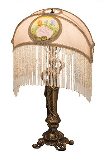 20 inches H Reverse Painted Roses Fabric with Fringe Table Lamp