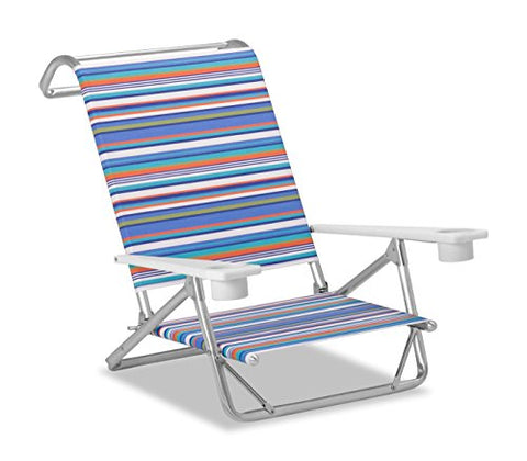 Set of 2 Telescope Casual Original Mini-Sun Chaise Folding Beach Arm Chairs With Marine Grade Polymer Arms With Cup Holders With Atlantic Blue Stripe Fabric