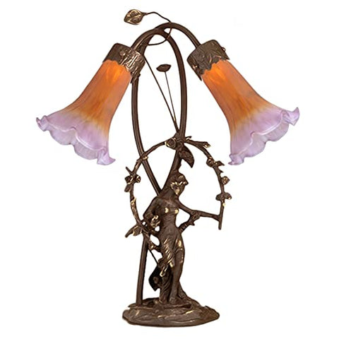 17Inch High Amber/Purple Pond Lily 2 Light Trellis Girl Table Lamp