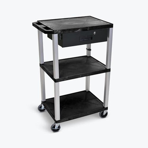 42 in.H 3-Shelf Utility Cart - Drawer Black Shelves Putty Legs - Black
