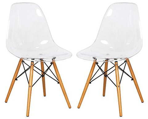 LeisureMod Dover Plastic Molded Dining Side Chair with Wood Dowel Legs, Set of 2 (Clear)
