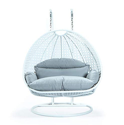 LeisureMod White Wicker 2 Person Double Hanging Swing Egg Chairs Patio Indoor Outdoor Use Lounge Chair (Red)