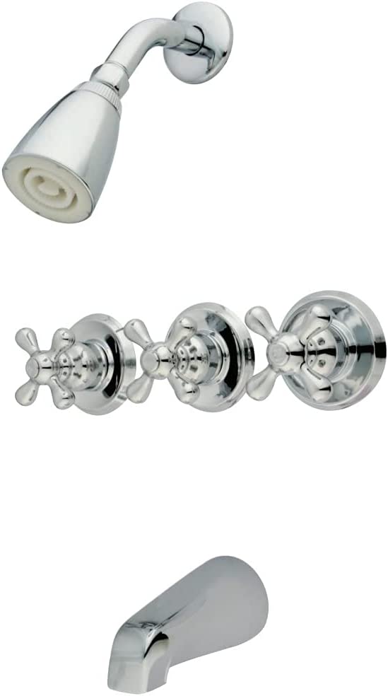 Kingston Brass KB232AX Tub and Shower Faucet with Three Cross Handles, Polished Brass 5-Inch Spout Reach