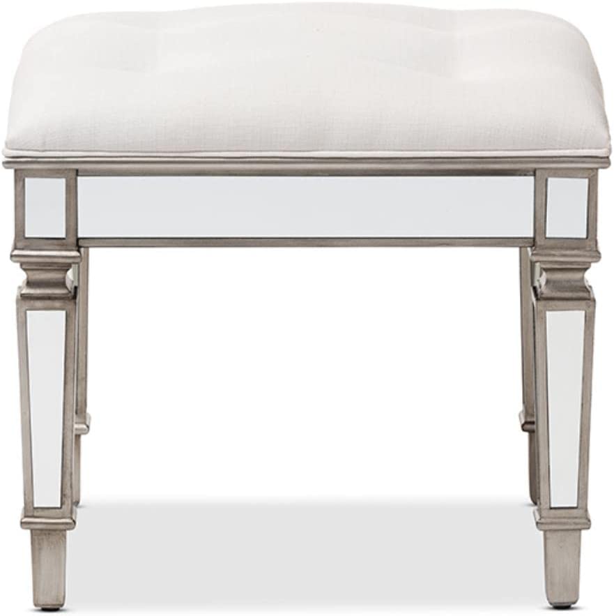 Baxton Studio Marielle Hollywood Regency Glamour Style Off White Fabric Upholstered Mirrored Ottoman Vanity Bench