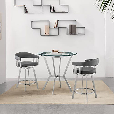 Armen Living Naomi and Chelsea 5-Piece Counter Height Dining Set in Brushed Stainless Steel and Grey Faux Leather