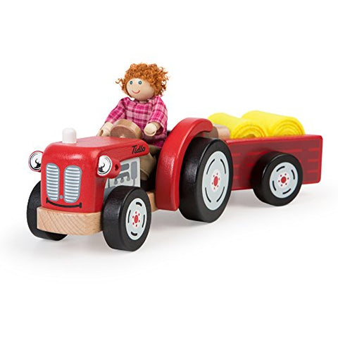 Tidlo T0502 Wooden Tractor and Trailer with Hay, Multi-Colour
