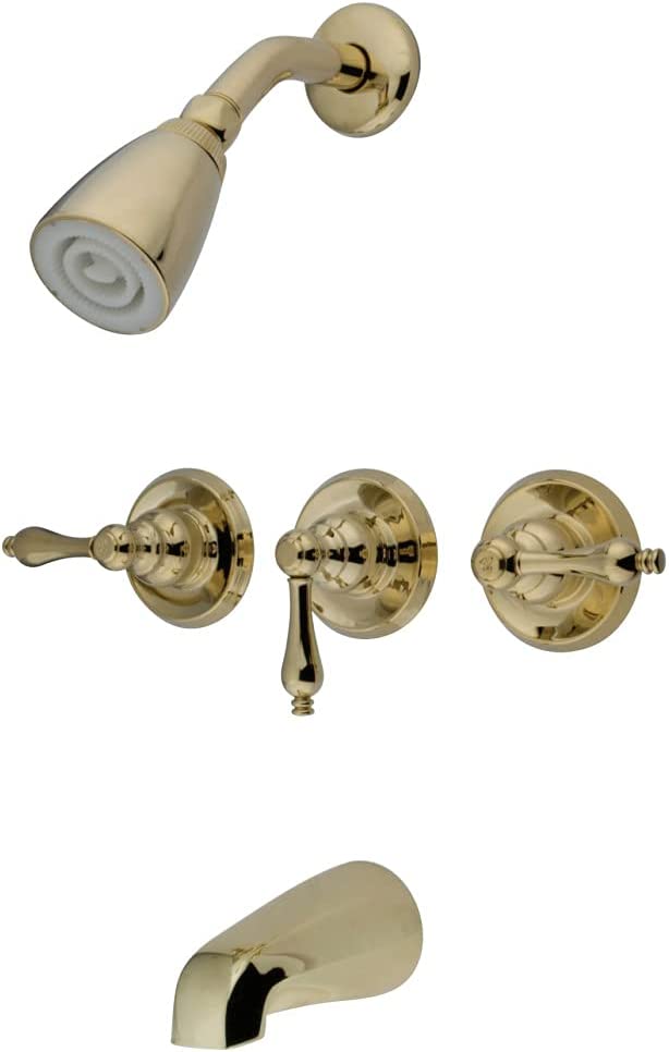 Kingston Brass KB238AL Tub and Shower Faucet with 3-Lever Handles, Satin Nickel,5-Inch Spout Reach