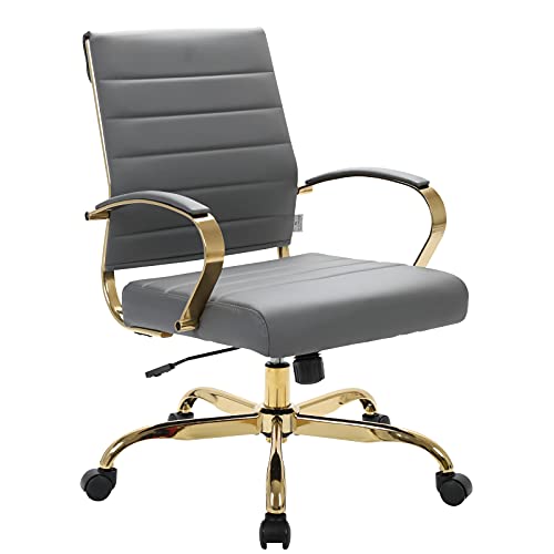 LeisureMod Benmar Modern Mid-Back Adjustable Swivel Leather Office Chair with Gold Frame (Grey)