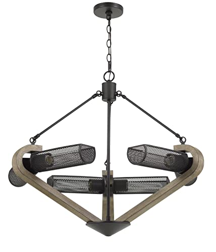 60W X 6 Baden Metal/Wood Chandelier With Mesh Shades (Edison Bulbs Are Not included)
