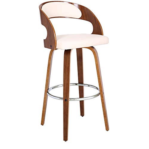 Armen Living Shelly Contemporary 30" Bar Height Swivel Barstool in Walnut Wood Finish and Cream Faux Leather