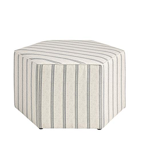 Martha Stewart Ellen Coffee Table - Solid Wood Frame, Soft Fabric, Large Accent Ottoman - Modern Foam Padded Top Footstool Cocktail Living Room Furniture Natural, 32" W x 32" D x 18" H, Grey Stripes