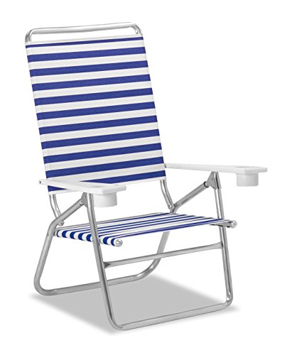 Set of 2 Telescope Casual Light N Easy High Boy Folding Beach Arm Chairs With Marine Grade Polymer Arms With Cup Holders With Blue/White Stripe Fabric