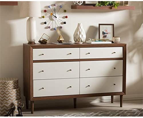 Baxton Furniture Studios Harlow Mid-Century Wood 6 Drawer Storage Dresser, Medium, White and Walnut