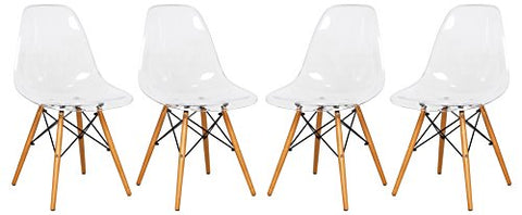 LeisureMod Dover Plastic Molded Dining Side Chair with Wood Dowel Legs, Set of 4 (Clear)