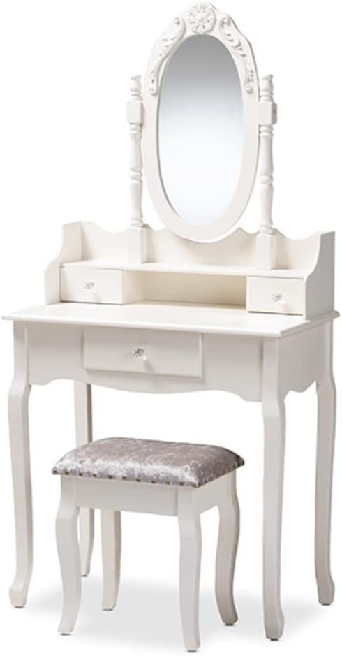 Baxton Studio Veronique Traditional French Provincial White Finished Wood 2-Piece Vanity Table with Mirror and Ottoman