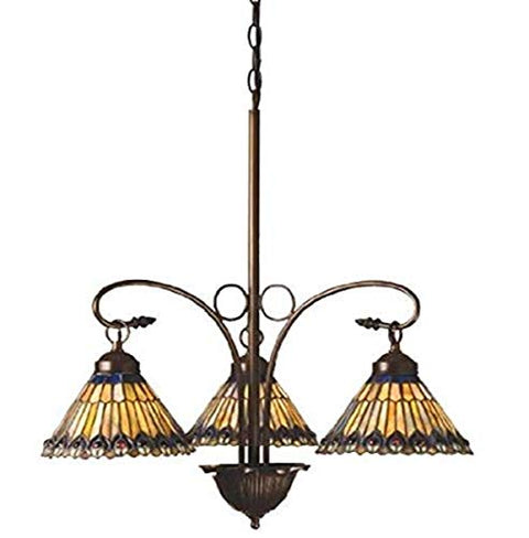 24InchW Tiffany Jeweled Peacock 3 LT Chandelier