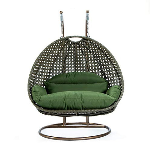 LeisureMod Beige 2 Person Hanging Double Swing Chair, X-Large Wicker Rattan Egg Chair with Stand and Cushion for Indoor Outdoor Patio Garden (Dark Green)