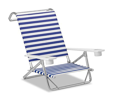 Telescope Casual Original Mini-Sun Chaise Folding Beach Arm Chair With Marine Grade Polymer Arms With Cup Holders With Blue/White Stripe Fabric